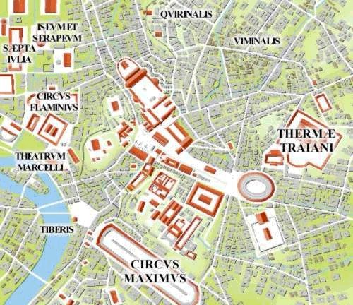 Carte de Rome au 1er siècle, incluant le Forum romain, le Tibre et l'Aventin Carte de Rome au 1er siècle, incluant le Forum romain, le Tibre et l'Aventin